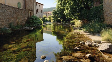 Serene River Scene Tranquil Village Setting Picturesque European Architecture Summer Sunlight Reflections Green Lush Foliage Calm Water Stones Pebbles Idyllic Landscape Peaceful Nature Beauty Scenic  