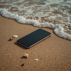 A modern smartphone with a gold frame lying on wet sand at the beach, close to the shoreline, with gentle ocean waves approaching in the background, bright sunlight reflecting off the screen