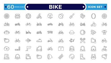 Bike and Cycling Outline Icons – Minimal Sport and Travel Symbol Pack. Editable stroke outline icon.
