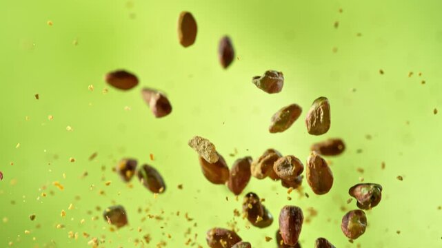 Super Slow Motion Shot of Peeled and Crushed Pistachio Nuts Flying Up at 1000fps.