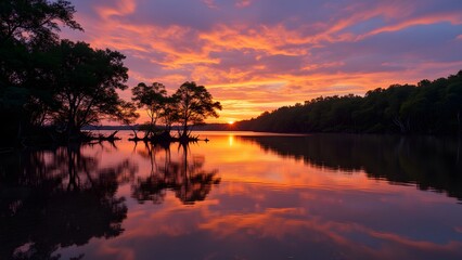 Fototapeta premium Fiery sunset paints the tranquil lake, silhouetting trees against a vibrant sky. Water mirrors the breathtaking spectacle, creating a serene and captivating scene.