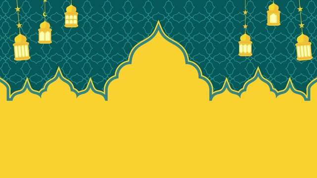 Animation of a golden Islamic arch with hanging lanterns on a patterned background. Ideal as an intro or transition for religious or festive videos.