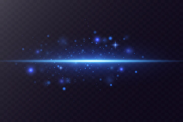 Obraz premium Bright flash of blue light. Horizontal lines of light. Light flash of sparks and magic dust. Vector.