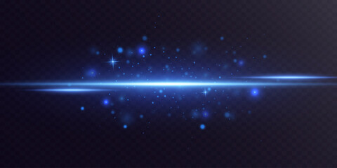 Obraz premium Bright flash of blue light. Horizontal lines of light. Light flash of sparks and magic dust. Vector.