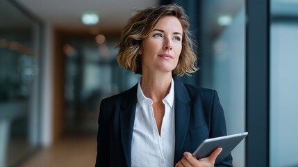 Confident Businesswoman Modern Office Professional Woman Tablet Technology Digital Future Corporate Success Ambitious Leader Stylish Attire Executive Manager Workplace Planning Strategy Innovation    