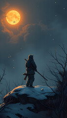 Hunter standing on snowy rock under full moon at night  