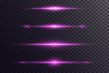 Set of purple light flashes and laser horizontal light lines.Vector.EPS 10.