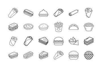 Street Food and Snack Line Art Icons &ndash; Modern Vector Set of Wraps, Sandwiches, Fries, and Fast Food, Perfect for Food Blogs & Designs