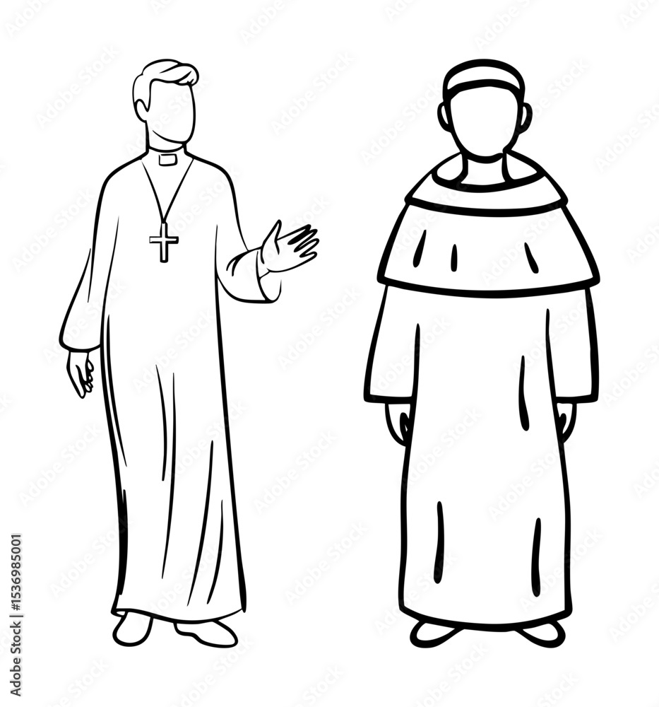 Poster vector clerical figures a priest and a monk depicted as simple vector illustrations.