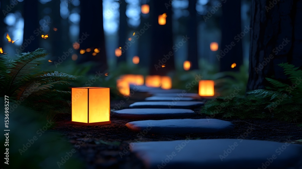 Poster glowing path through a forest with hovering lanterns, evoking a magical journey