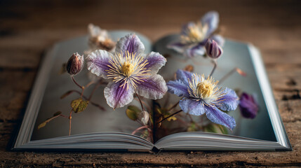 Open book displaying clematis flowers on a wooden surface.