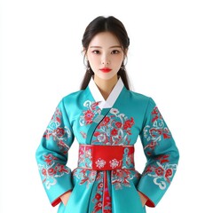 Young Woman in Teal and Red Floral Embroidered Hanbok