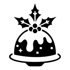 Fototapeta premium Christmas pudding icon with holly and berries. Festive Christmas pudding dessert illustration perfect for holiday cards and website design.