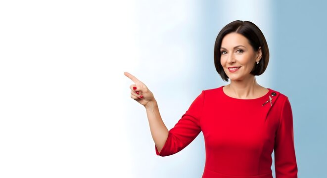 Smiling professional businesswoman in red dress pointing at blank copy space for text or graphics.
