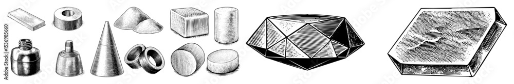 Poster vector assorted geometric solids and shapes are displayed in a vintage engraving style.