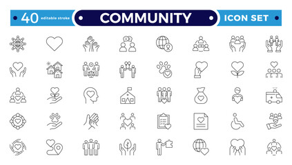 Community Outline icon set. Containing people, friendship, social, diversity, village, relationships, support and community development icons. People, social, group. Editable stroke outline icon.
