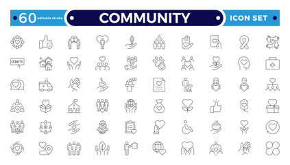 Community Outline icon set. Containing people, friendship, social, diversity, village, relationships, support and community development icons. People, social, group. Editable stroke outline icon.
