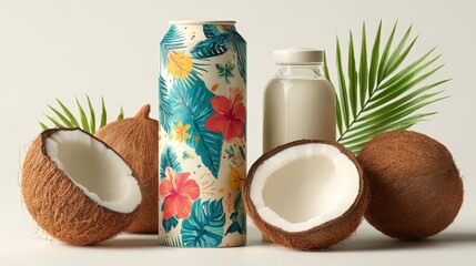 Refreshing Coconut Milk in Can and Bottle Tropical Design Packaging with Coconuts and Palm Leaves © khumthong