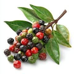 Fresh Colorful Peppercorns on Branch with Green Leaves Isolated on White Background