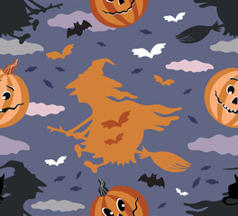 Vector seamless Halloween pattern. Witch flying on a broom, pumpkins with smiles, bats.