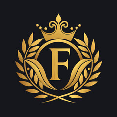 Elegant golden letter F logo with crown and laurel design for luxury branding and royalty
