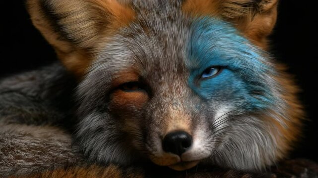 Portrait of a fox with split face coloring, one half orange with a brown eye, the other blue with a light blue eye