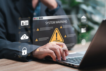 System warning caution sign firewall for notification error,Businessman receives system warning...