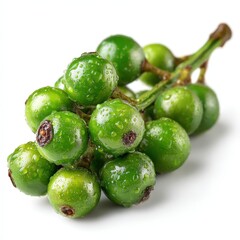 Fresh Green Berries Cluster with Water Drops Close Up A Bunch of Ripe Green Fruits Isolated on White Background