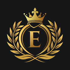 Elegant golden letter E logo with crown and laurel design for luxury branding and royalty
