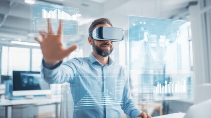 Bearded man in modern office using VR goggles, interacting with holographic digital interfaces displaying bar charts, line graphs, and grid patterns, natural light from large windows.