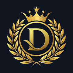 Elegant golden letter D logo with crown and laurel design for luxury branding and royalty