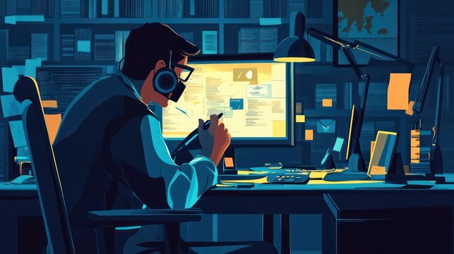 Data scientist analyzing predictive models with code and analytics on large display screens.