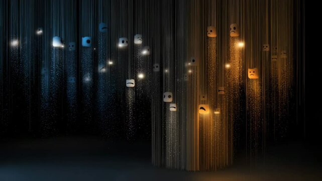 Abstract composition of falling threads with illuminated cubic faces expressing emotions in the dark with blue and orange lighting