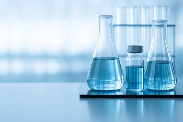 An image of laboratory glassware including two Erlenmeyer flasks and a small vial, all containing a blue liquid, placed on a reflective surface. 