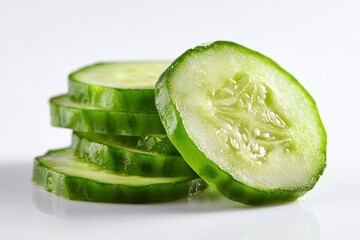 Stack of cucumber slices next to a single upright slice