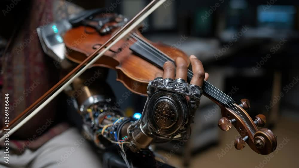 Poster Man with prosthetic arm plays violin in studio with soft lighting
