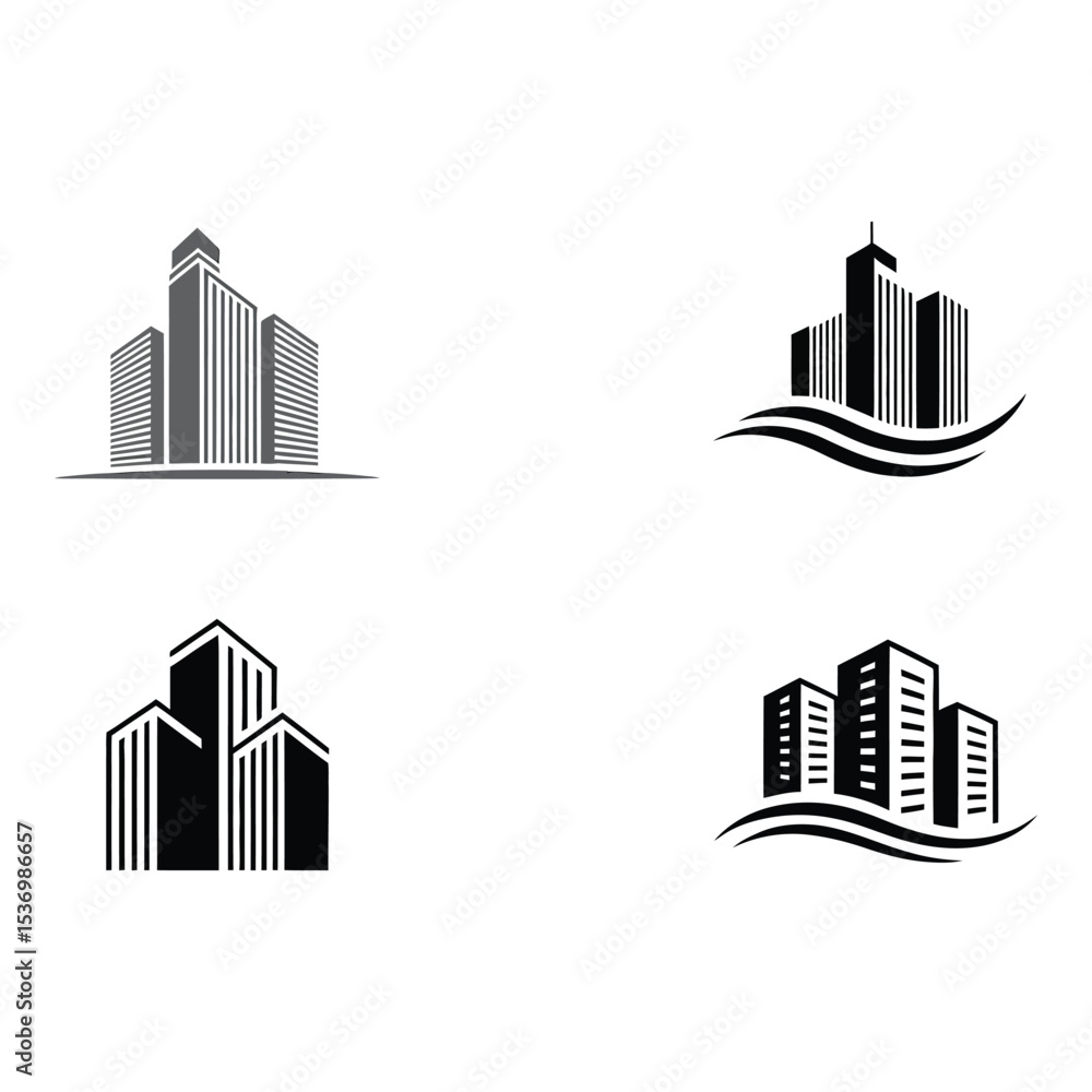 Poster four building icons isolated on white background show modern architecture