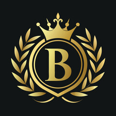 Elegant golden letter B logo with crown and laurel design for luxury branding and royalty

