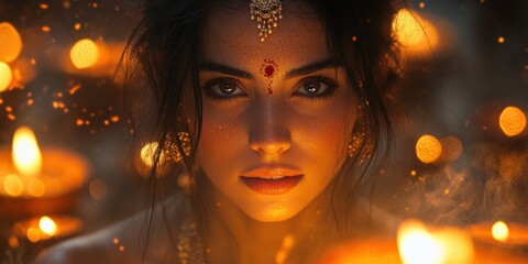 Asian Woman with Traditional Bindi and Jewelry Surrounded by Candlelight