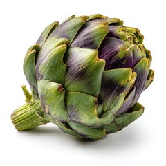 Obraz premium Fresh Artichoke Vegetable Green and Purple Isolated on White Background A Close Up Studio Shot of a Single Artichoke