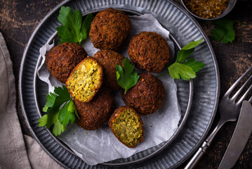 Middle Eastern falafel balls with sauce