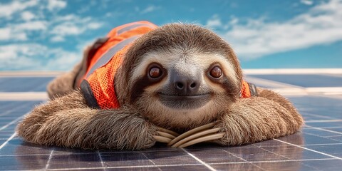 Fototapeta premium Smiling sloth worker on solar panels, wearing orange vest with blue sky. Sustainable energy. Efficient service in a slow-paced fashion.