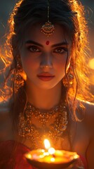 Indian Woman Holding Oil Lamp in Festive Light