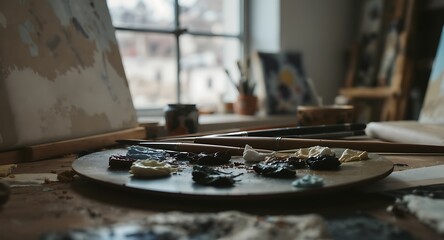 Obraz premium Artist's Palette with Oil Paints and Brushes in Studio Lighting