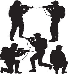 Naklejka premium Military Army Soldier Silhouettes with Weapons and Sniper Gear 