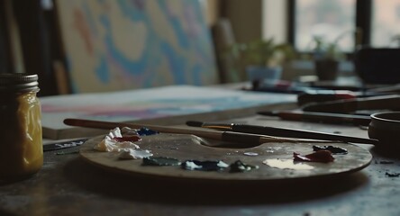 Artist's Palette with Paints and Brushes on a Table