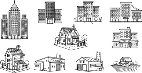 set of building icons, such as city, apartment, condominium, town 