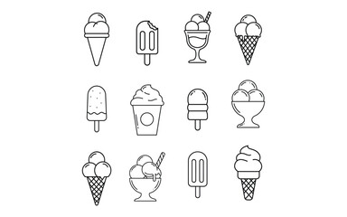 Simple Line Art Collection of Various Ice Cream Treats.A set of twelve simple, black line art illustrations of different ice cream treats in a transparent background.