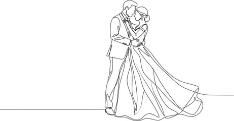 Fototapeta premium Bride and groom line art, elegant wedding sketch, romantic couple illustration, minimalistic vector artwork, flowing bridal dress, love and romance drawing, modern wedding moment outline