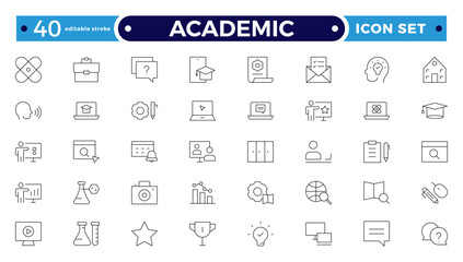 Academic Outline icons of education, studying and science. Includes human brain, fields of study, graduation, school, university and knowledge. Designed for web, mobile. Editable stroke outline icon.